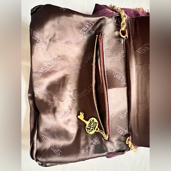 Vintage Ruth Saltz Purple Suede Clutch Shoulder Bag Gold Key Charm 1980s